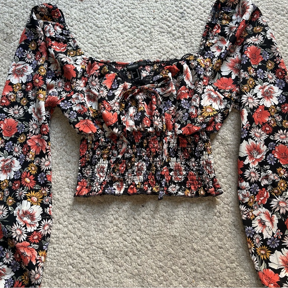 Forever 21 Autumn Floral Long Sleeve Crop Top Flowy Sleeves Women Medium boho
